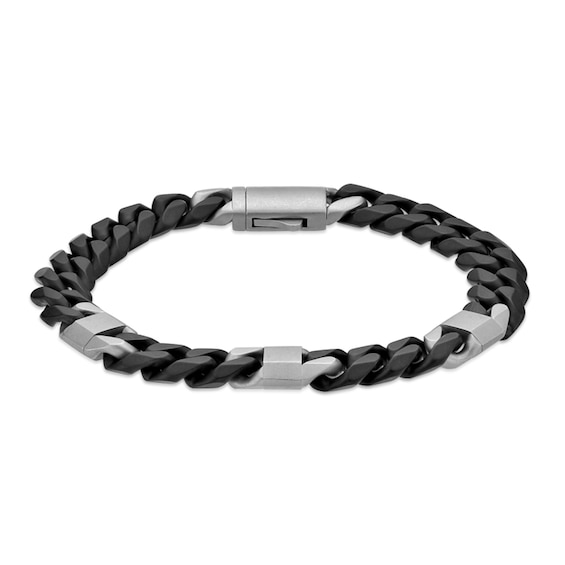 10.0mm Mariner Station Cuban Curb Chain Bracelet in Solid Stainless Steel with Black Ion Plate - 8.5"