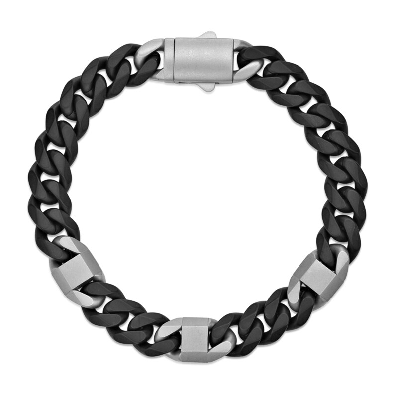Main Image 2 of 10.0mm Mariner Station Cuban Curb Chain Bracelet in Solid Stainless Steel with Black Ion Plate - 8.5"