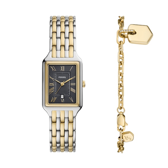Ladiesâ Fossil Raquel Two-Tone IP Watch with Rectangle Black Dial and Charm Bracelet Box Set (Model: Es5376Set)