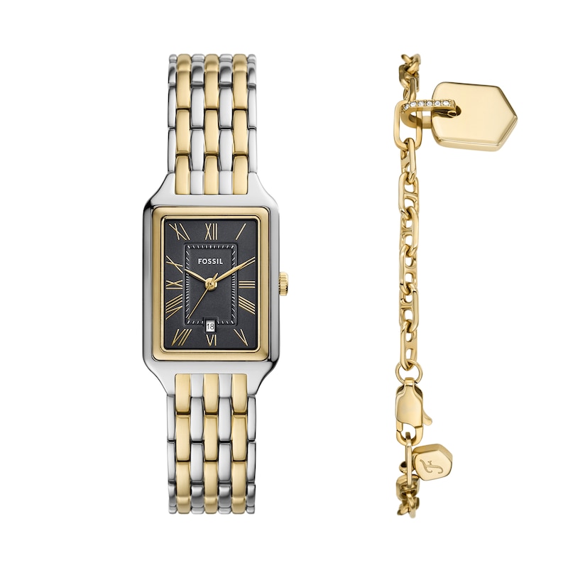 Main Image 1 of Ladies’ Fossil Raquel Two-Tone IP Watch with Rectangle Black Dial and Charm Bracelet Box Set (Model: ES5376SET)