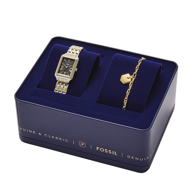 Main Image 4 of Ladies’ Fossil Raquel Two-Tone IP Watch with Rectangle Black Dial and Charm Bracelet Box Set (Model: ES5376SET)