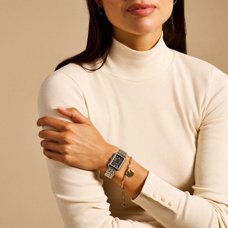 Main Image 6 of Ladies’ Fossil Raquel Two-Tone IP Watch with Rectangle Black Dial and Charm Bracelet Box Set (Model: ES5376SET)