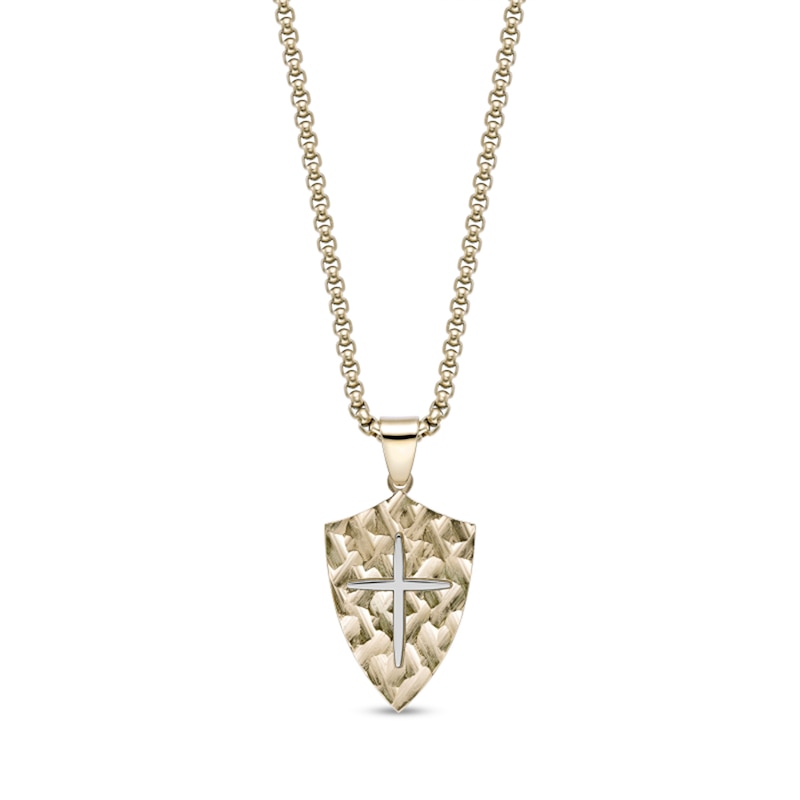 Main Image 1 of Hammered Cross Shield Pendant in Stainless Steel with Yellow Ion Plate - 24&quot;