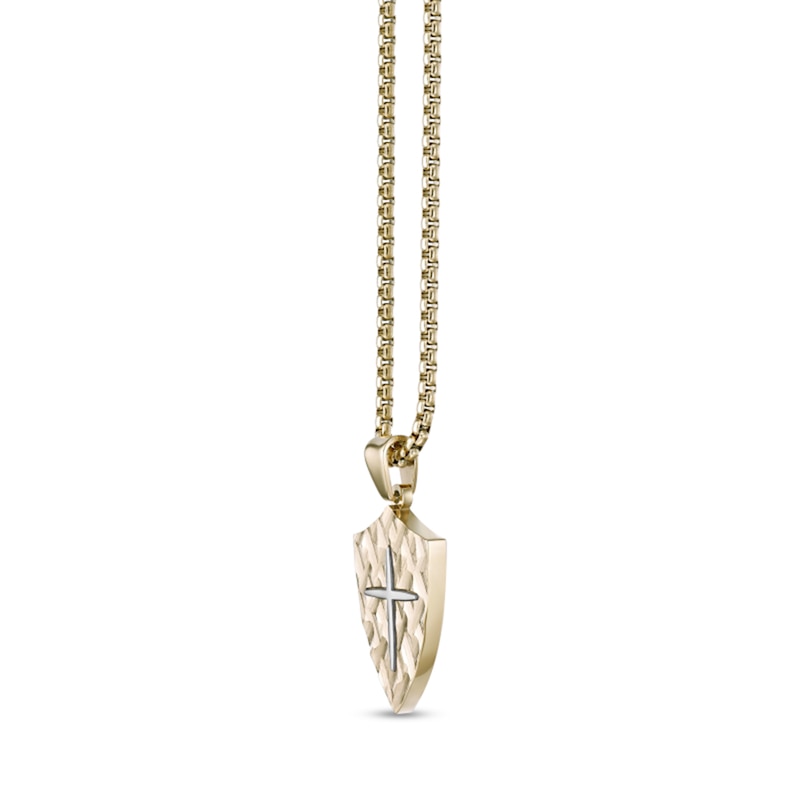 Main Image 2 of Hammered Cross Shield Pendant in Stainless Steel with Yellow Ion Plate - 24&quot;