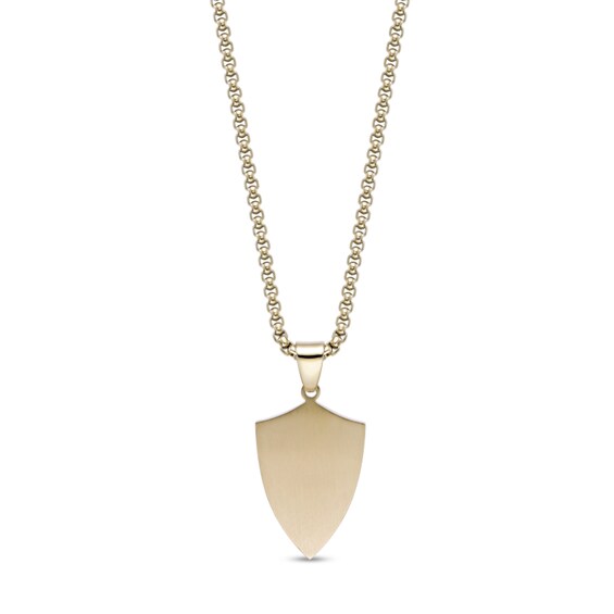 Hammered Cross Shield Pendant in Stainless Steel with Yellow Ion Plate - 24"