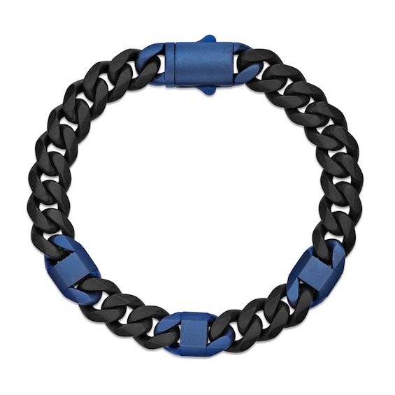 10.0mm Mariner Station Cuban Curb Chain Bracelet in Solid Stainless Steel with Black and Blue Ion Plate - 8.5"