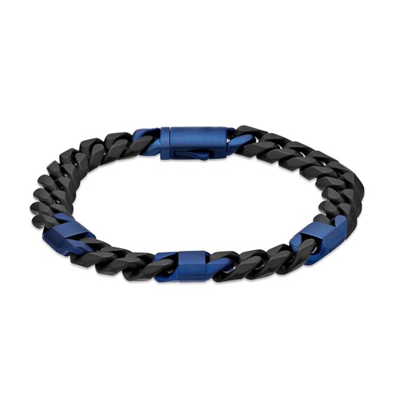 10.0mm Mariner Station Cuban Curb Chain Bracelet in Solid Stainless Steel with Black and Blue Ion Plate - 8.5"