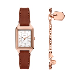 Ladies’ Fossil Raquel Rose-Tone Strap Watch with Rectangle White Dial and Charm Bracelet Box Set (Model: ES5377SET)