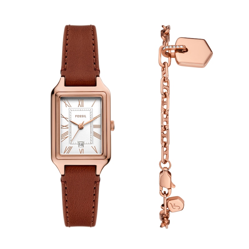 Main Image 1 of Ladies’ Fossil Raquel Rose-Tone Strap Watch with Rectangle White Dial and Charm Bracelet Box Set (Model: ES5377SET)
