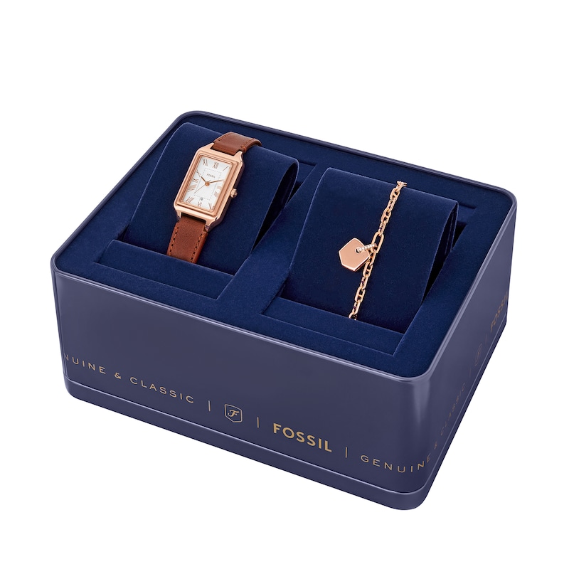 Main Image 4 of Ladies’ Fossil Raquel Rose-Tone Strap Watch with Rectangle White Dial and Charm Bracelet Box Set (Model: ES5377SET)