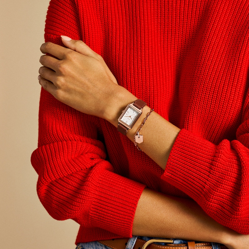 Main Image 6 of Ladies’ Fossil Raquel Rose-Tone Strap Watch with Rectangle White Dial and Charm Bracelet Box Set (Model: ES5377SET)