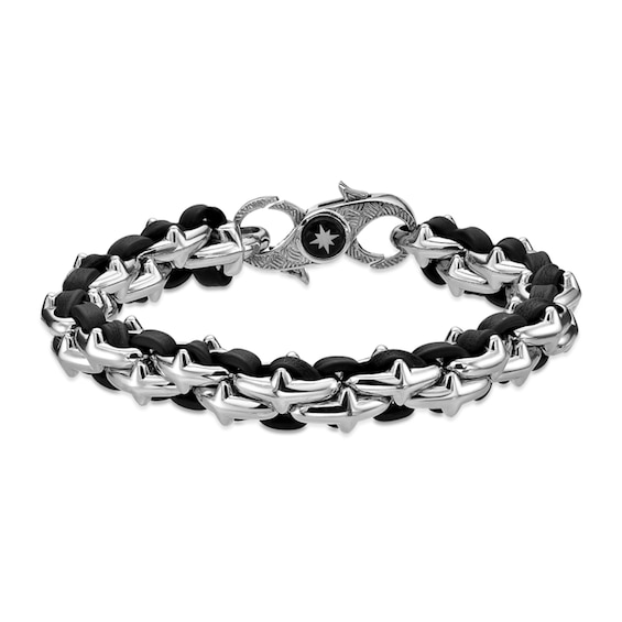 10.0mm Sideways Star Link Bracelet in Solid Stainless Steel and Black Leather - 8.25"
