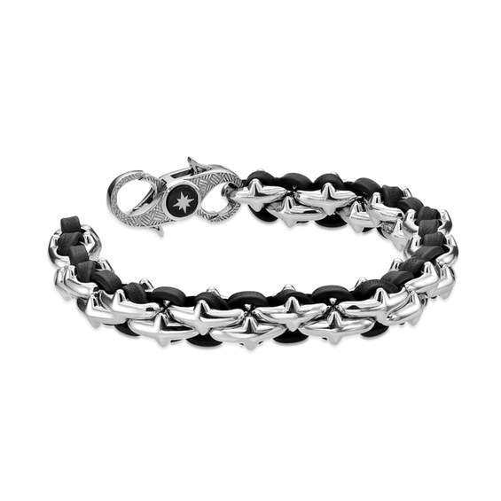 10.0mm Sideways Star Link Bracelet in Solid Stainless Steel and Black Leather - 8.25"