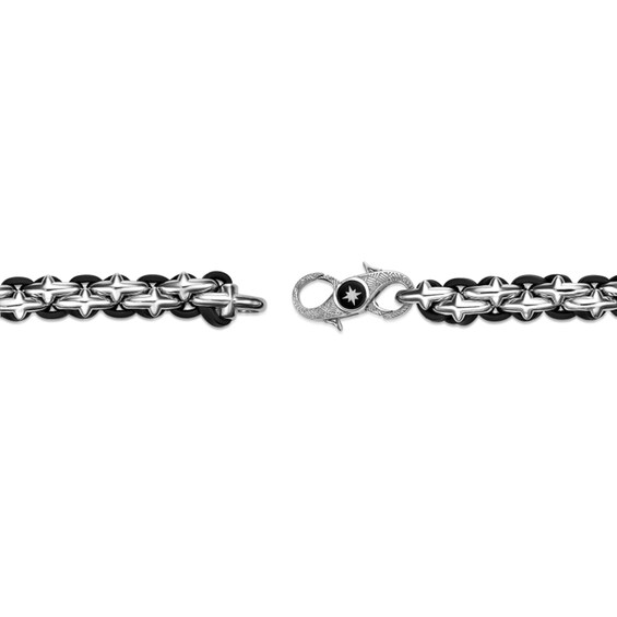 10.0mm Sideways Star Link Bracelet in Solid Stainless Steel and Black Leather - 8.25"