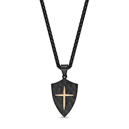 Hammered Cross Shield Pendant in Stainless Steel with Black and Yellow Ion Plate - 24"