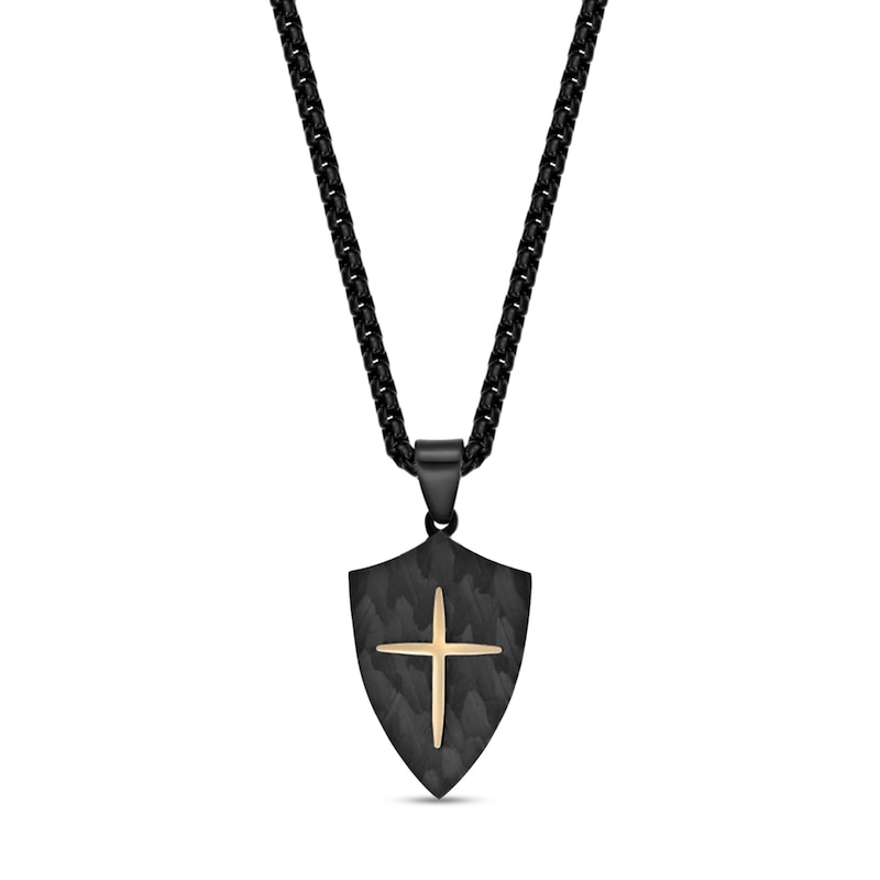 Main Image 1 of Hammered Cross Shield Pendant in Stainless Steel with Black and Yellow Ion Plate - 24"
