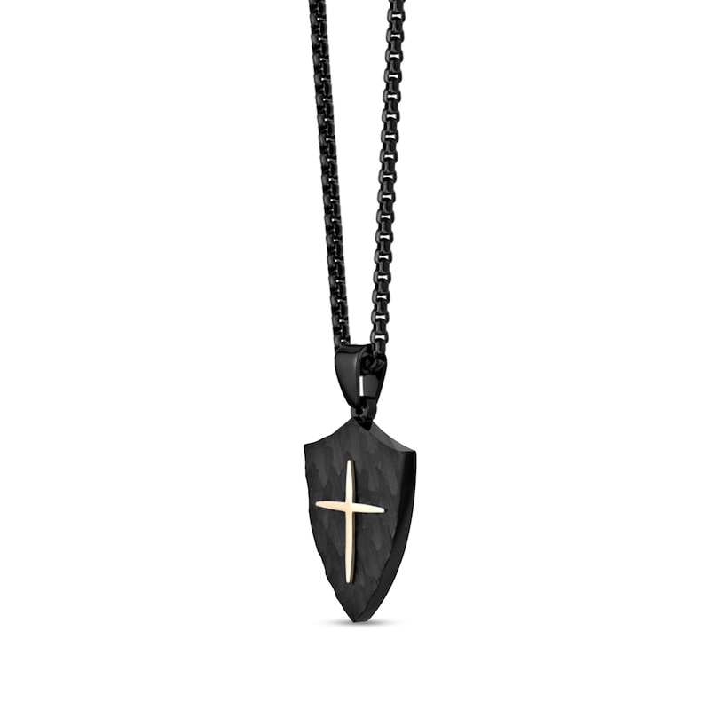 Main Image 2 of Hammered Cross Shield Pendant in Stainless Steel with Black and Yellow Ion Plate - 24"