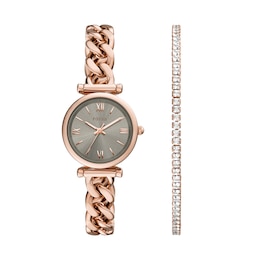 Ladies’ Fossil Carlie Rose-Tone IP Watch with Grey Dial and Crystal Tennis Bracelet Box Set (Model: ES5378SET)