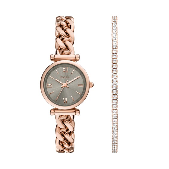 Ladiesâ Fossil Carlie Rose-Tone IP Watch with Grey Dial and Crystal Tennis Bracelet Box Set (Model: Es5378Set)