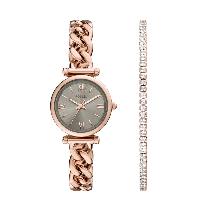 Main Image 1 of Ladies’ Fossil Carlie Rose-Tone IP Watch with Grey Dial and Crystal Tennis Bracelet Box Set (Model: ES5378SET)