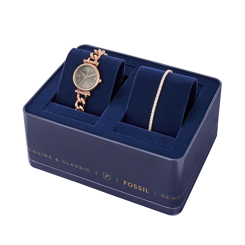 Main Image 4 of Ladies’ Fossil Carlie Rose-Tone IP Watch with Grey Dial and Crystal Tennis Bracelet Box Set (Model: ES5378SET)