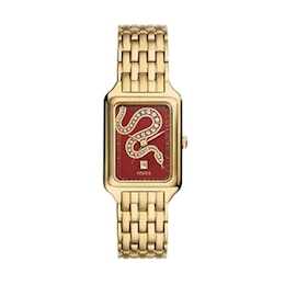 Ladies’ Fossil Raquel Crystal Accent Gold-Tone IP Watch with Rectangular Red Snake Dial (Model: ES5379)