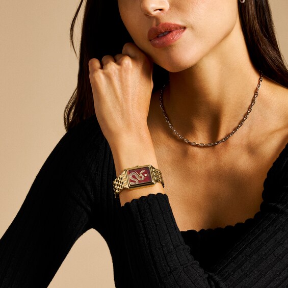 Ladiesâ Fossil Raquel Crystal Accent Gold-Tone IP Watch with Rectangular Red Snake Dial (Model: Es5379)