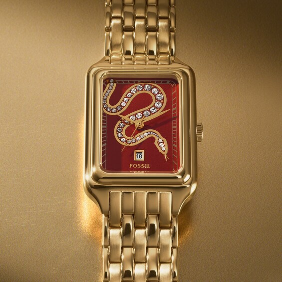 Ladiesâ Fossil Raquel Crystal Accent Gold-Tone IP Watch with Rectangular Red Snake Dial (Model: Es5379)