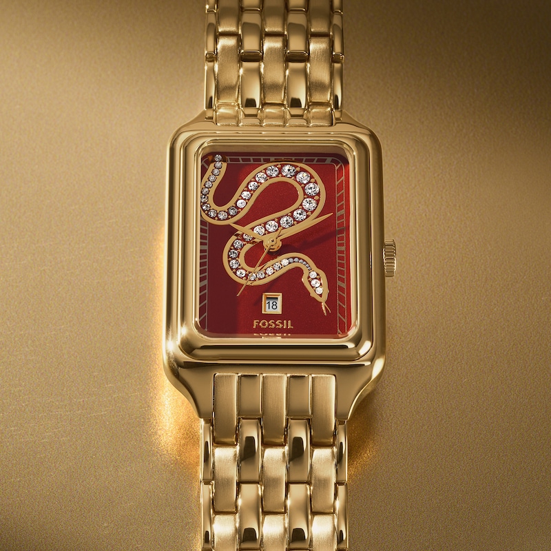 Main Image 6 of Ladies’ Fossil Raquel Crystal Accent Gold-Tone IP Watch with Rectangular Red Snake Dial (Model: ES5379)