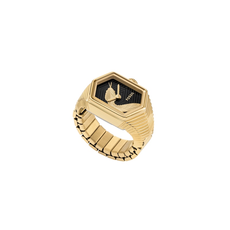 Main Image 1 of Ladies’ Fossil Gold-Tone IP Ring Watch with Hexagonal Black Snake Dial (Model: ES5382)
