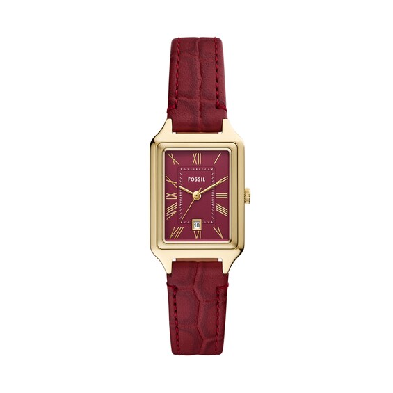 Ladies' Fossil Raquel Gold-Tone IP Red Leather Strap Watch with Rectangular Red Dial (Model: Es5383)