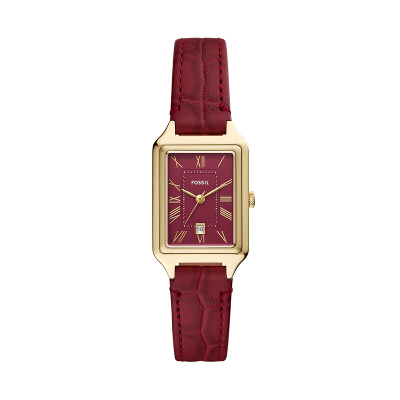 Main Image 1 of Ladies' Fossil Raquel Gold-Tone IP Red Leather Strap Watch with Rectangular Red Dial (Model: ES5383)