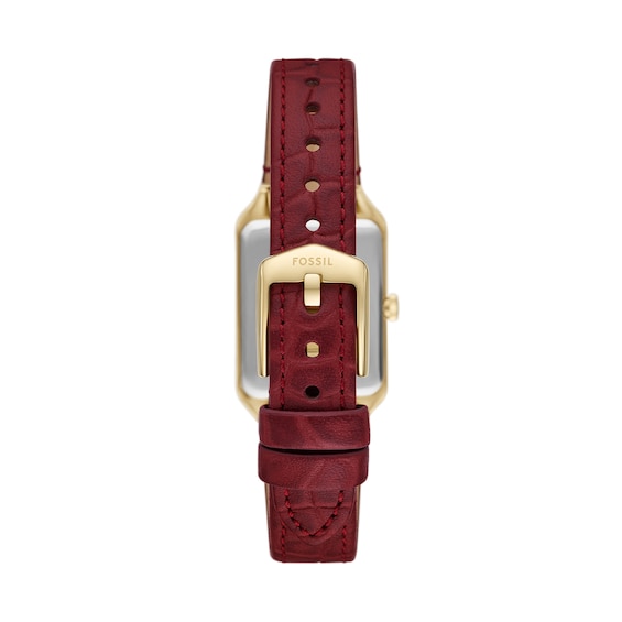 Ladies' Fossil Raquel Gold-Tone IP Red Leather Strap Watch with Rectangular Red Dial (Model: Es5383)