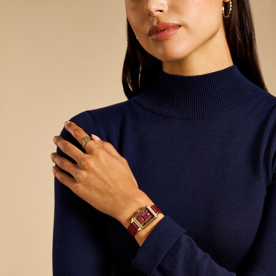 Ladies' Fossil Raquel Gold-Tone IP Red Leather Strap Watch with Rectangular Red Dial (Model: Es5383)