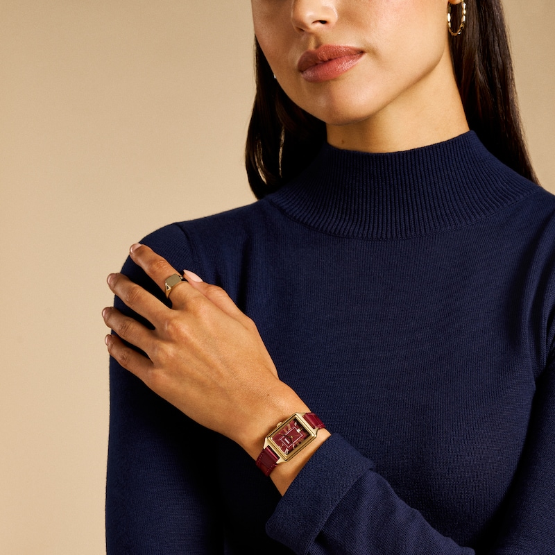 Main Image 4 of Ladies' Fossil Raquel Gold-Tone IP Red Leather Strap Watch with Rectangular Red Dial (Model: ES5383)