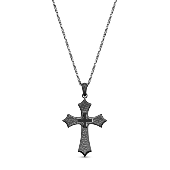 Black Enamel Gothic-Style Cross Pendant in Stainless Steel with Grey Ion Plate - 24"