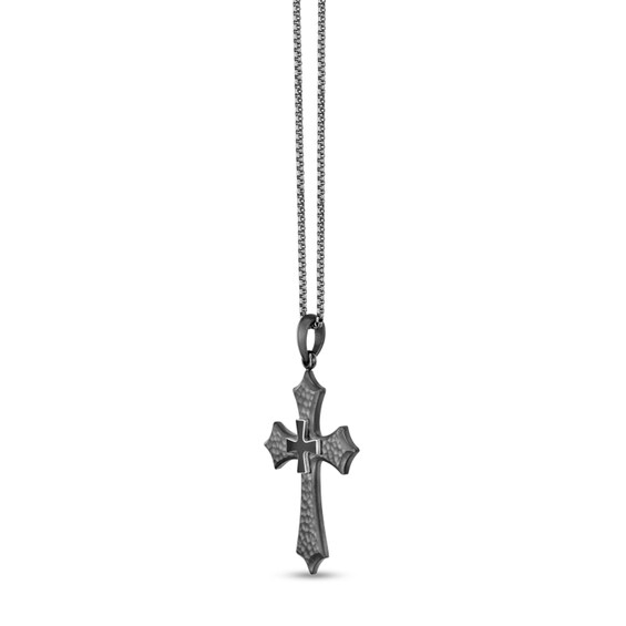 Black Enamel Gothic-Style Cross Pendant in Stainless Steel with Grey Ion Plate - 24"