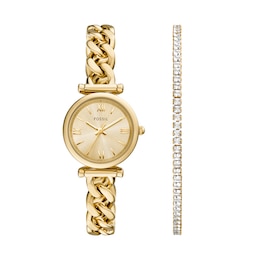 Ladies’ Fossil Carlie Gold-Tone IP Watch with Gold-Toned Dial and Crystal Tennis Bracelet Box Set (Model: ES5387SET)