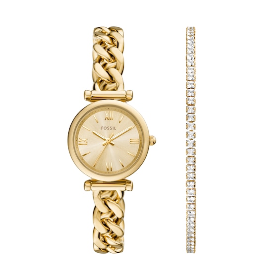 Ladiesâ Fossil Carlie Gold-Tone IP Watch with Gold-Toned Dial and Crystal Tennis Bracelet Box Set (Model: Es5387Set)