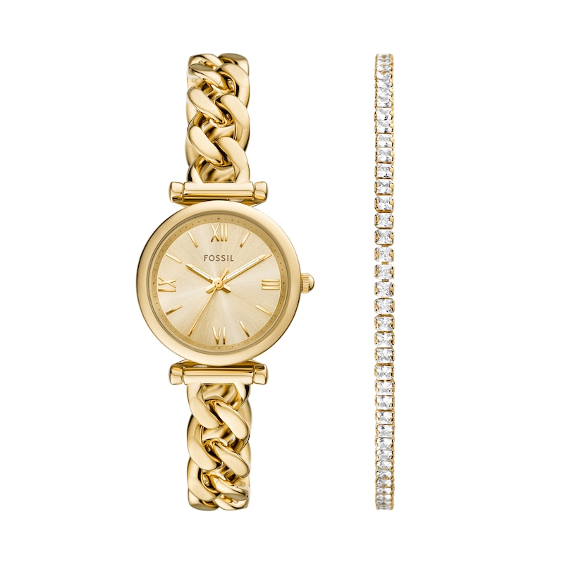 Main Image 1 of Ladies’ Fossil Carlie Gold-Tone IP Watch with Gold-Toned Dial and Crystal Tennis Bracelet Box Set (Model: ES5387SET)