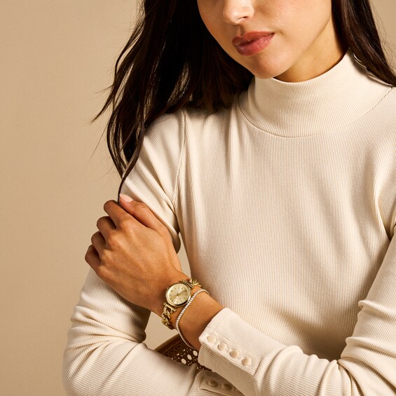 Ladiesâ Fossil Carlie Gold-Tone IP Watch with Gold-Toned Dial and Crystal Tennis Bracelet Box Set (Model: Es5387Set)