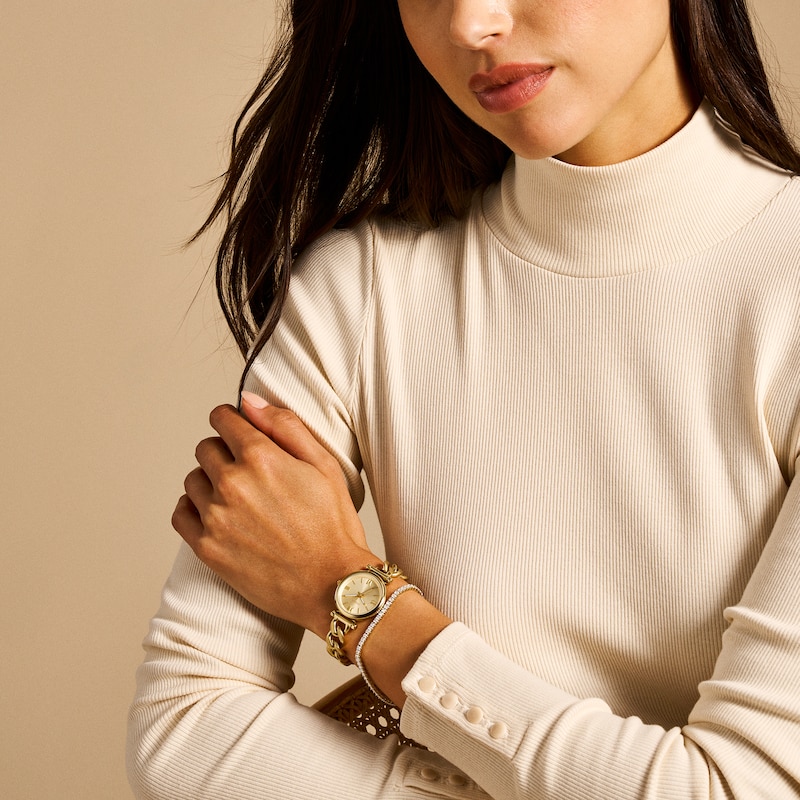 Main Image 6 of Ladies’ Fossil Carlie Gold-Tone IP Watch with Gold-Toned Dial and Crystal Tennis Bracelet Box Set (Model: ES5387SET)