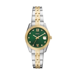 Ladies' Fossil Scarlette Crystal Accent Two-Tone IP Watch with Green Dial (Model: ES5388)