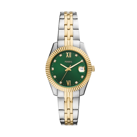 Ladies' Fossil Scarlette Crystal Accent Two-Tone IP Watch with Green Dial (Model: Es5388)