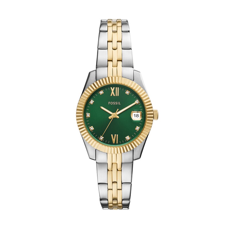Main Image 1 of Ladies' Fossil Scarlette Crystal Accent Two-Tone IP Watch with Green Dial (Model: ES5388)