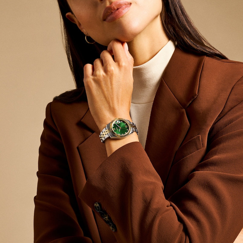Main Image 4 of Ladies' Fossil Scarlette Crystal Accent Two-Tone IP Watch with Green Dial (Model: ES5388)