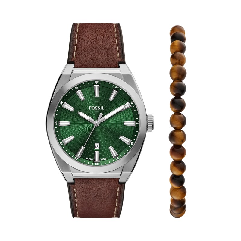 Main Image 1 of Fossil Men's Everett Strap Watch with Textured Green Dial and Tiger's Eye Bead Bracelet Box Set (Model: FS6080SET)