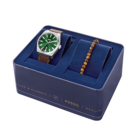 Fossil Men's Everett Strap Watch with Textured Green Dial and Tiger's Eye Bead Bracelet Box Set (Model: Fs6080Set)