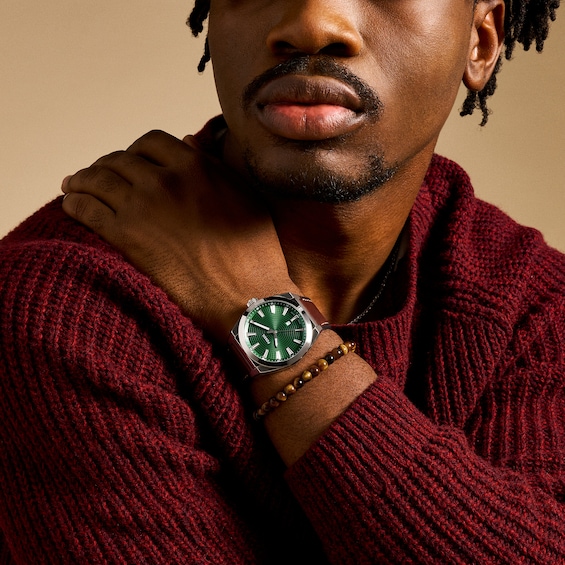 Fossil Men's Everett Strap Watch with Textured Green Dial and Tiger's Eye Bead Bracelet Box Set (Model: Fs6080Set)