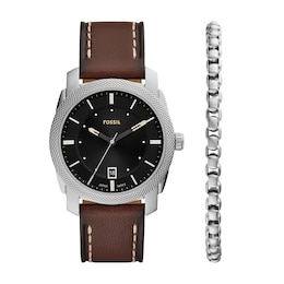 Men’s Fossil Machine Brown Leather Strap Watch with Black Sunray Dial and Chain Bracelet Box Set (Model: FS6081SET)